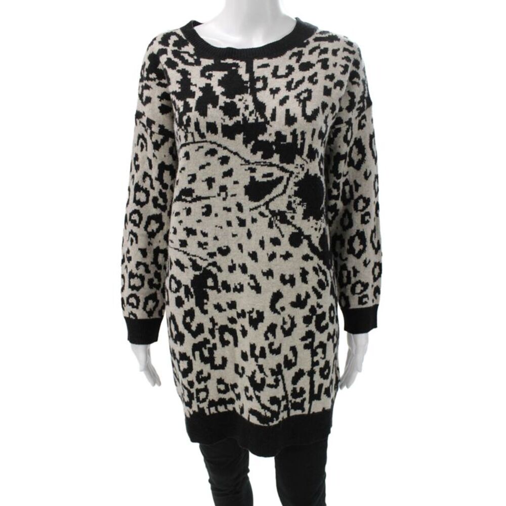 DKNY Womens Tunic Sweater Black Wool Crew Neck Long Sleeve Animal Print Size S
